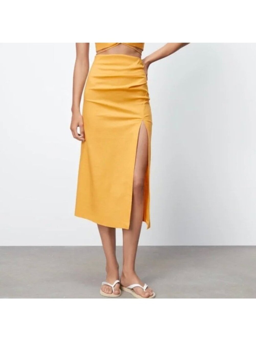Zara Ruched Midi Skirt Womens Size XL Orange Slit Linen Blend Draped Beach Boho